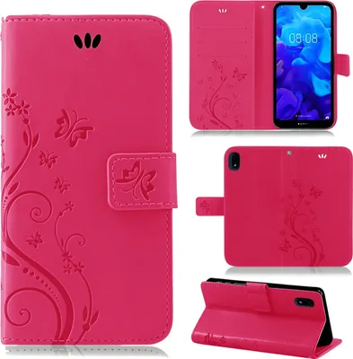 Produktbild von Handytasche für Huawei Y5 2019 Blumen Flip Cover Buchhülle mit Magnetverschluss, Pink