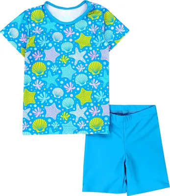 Produktbild von Aquarti Baby Mädchen Zweiteiler Kinder Badeanzug Bade-Set Bade T-Shirt Badehose UV-Schutz, Farbe: Muscheln Seesterne Blau Gelb , Größe: 86