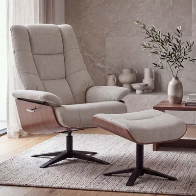 Productafbeelding van MCA Relaxfauteuil + Voetbank HWC-N57, Televisiezetel, Ligfauteuil, Bouclé stof, Hout bruin