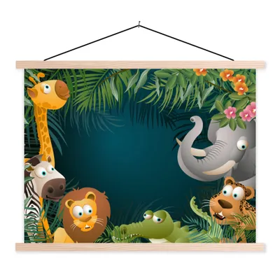Produktbild von MuchoWow® Textilposter Farben - Dschungeltiere - Blätter - Mädchen - Jungen - Kinder 60x45 cm mit holzfarbenen Rahmen - Bild