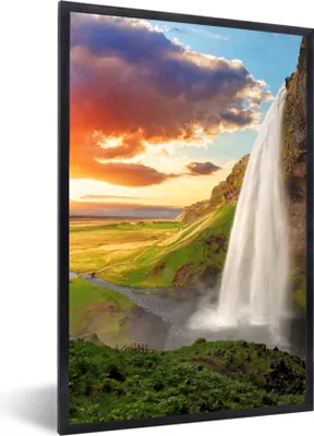 Produktbild von MuchoWow® Gerahmtes Poster Wasserfall - Felsen - Sonnenuntergang - Berge - Orange 60x90 cm - Poster mit Schwarzem Bilderrahmen Wandposter Rahmen Foto Bilder - Kunst