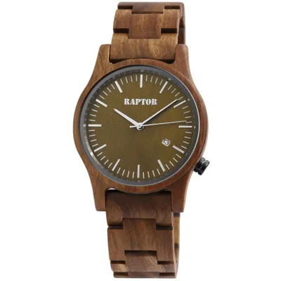 A close-up, top-down view of a wooden watch against a white background.