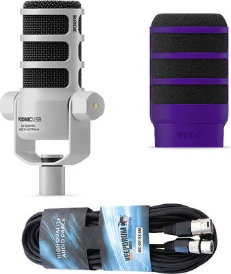 Image de Rode Microphone Podmic USB Blanc avec WS14PU Protection anti-pop Violet et câble