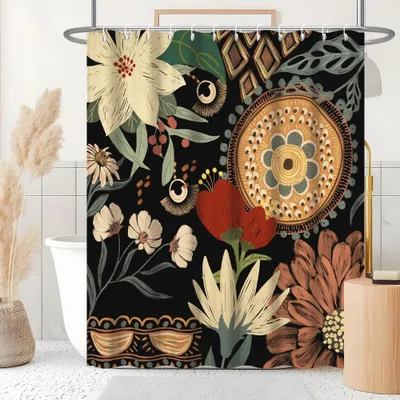 Produktbild von Duschvorhang 180 x 240 cm, Duschvorhang mit grünen Blättern, Boho-Blumen, tropischem abstraktem Muster, schimmelresistentem, waschbarem und wasserdichtem Polyestergewebe, Badezimmervorhang mit 12 Haken für das Badezimmer