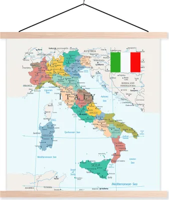 Produktbild von MuchoWow® Textilposter Karte von Italien 60x60 cm mit holzfarbenen Rahmen - Wanddekoration