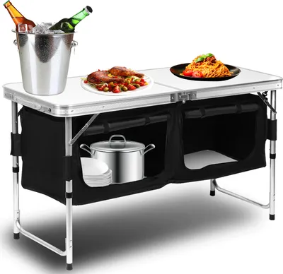 Obrázok produktu pre Yakimz kempingový stôl 120x47x68cm, kempingová kuchyňa z hliníka, skladacia kempingová skrinka, s 2 úložnými priehradkami, nastaviteľná výška vrátane tašky na prenášanie