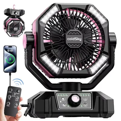 Produktbild von Camping Ventilator mit LED-Laterne - Tragbarer Zeltventilator - 20000 mAh Akku - 8 Geschwindigkeiten - USB wiederaufladbar - Fernbedienung - Rosa