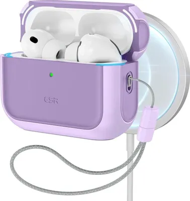 A purple protective case for Apple AirPods Pro 3, with the AirPods inside, attached to a magnetic charger.
