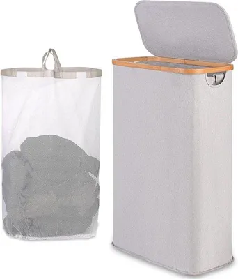 Produktbild von Schmale 60l Wäschesammler mit abnehmbarer Innentasche und Bambusgriff