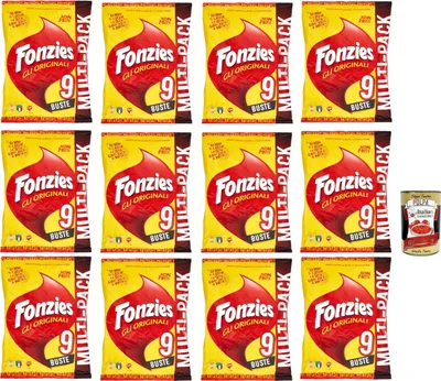 Produktbild von Fonzies Der originale, Original knusprige Mais-Snack mit Käse-Geschmack, Mais snack mit Käse Multipack – 9 Beutel, 12x 212 g + Italian gourmet polpa 400g