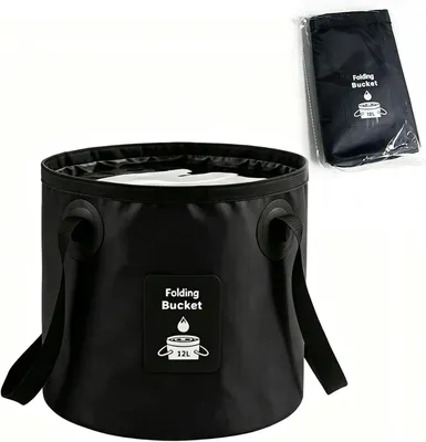 Image de Seau pliable de 12 litres, récipient léger pour l'eau, idéal pour le camping, la pêche, la randonnée, de couleur noire