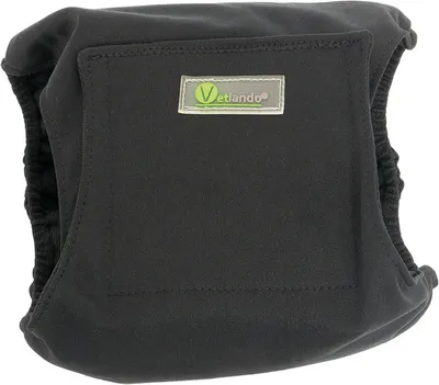 A black dog diaper is shown against a white background.