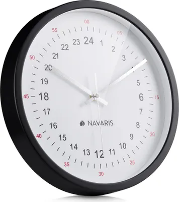 Produktbild von Navaris 24h Wanduhr schwarz rund mit weißem Ziffernblatt - 30 x 30 x 4cm - analoge Uhr zum Aufhängen mit 24 Stunden Zifferblatt - leise Wand Uhr