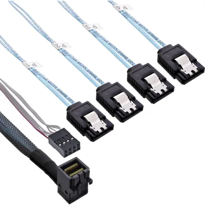 Produktbild von InLine® Mini SAS HD Kabel, SFF-8643 gewinkelt zu 4x SATA + Sideband, 1m
