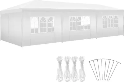 A white party tent with windows and accessories like ropes and stakes.
