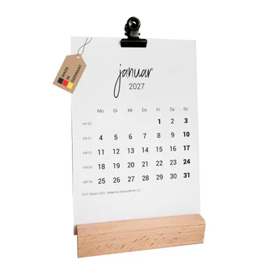 Produktbild von PuK Tischkalender 2027 mit Holzsockel | DIN A6 Monatsübersicht mit Feiertagen und Kalenderwochen | 12 Monatskarten Tischkalender Schreibtisch