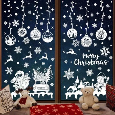 Produktbild von Weihnachtsdekoration für Fenster weiße Fensterdekoration Weihnachten herstellbar, PVC Schneeflocken Fensterdekoration Fenstersticker Weihnachten mit Häusern für Winterfenster