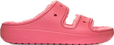 A pink Crocs sandal with a fluffy lining, shown from the side against a white background.