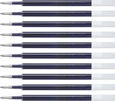 A set of ten blue ink pen refills arranged horizontally against a white background.