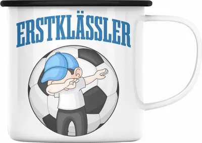 Produktbild von Trendation - Einschulung Junge Geschenk für Schultüte Füllung Emaille Tasse Schulstart 1. Schultag Schuleinführung Schulanfang Geschenkidee Schulkind Jungs Fussball (Schwarz)