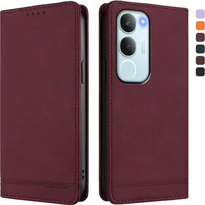 Obrázek produktu pro Pouzdro pro Vivo Y19S, retroPolyuretankožené flip pouzdro s stojánkem a přihrádkami na karty Červený
