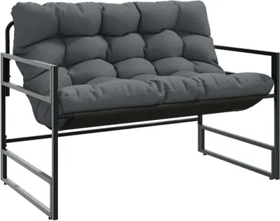 A studio shot of a gray outdoor bench with cushions.