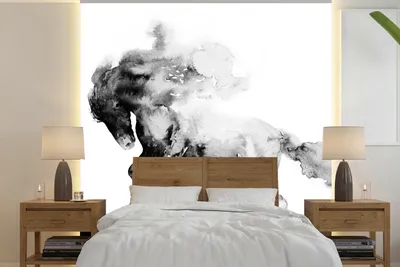 Produktbild von MuchoWow® Fototapete für Wohnzimmer oder Schlafzimmer Wandtapete Vinyl Motivtapete Gemälde - Pferd - Tiere - Ölfarbe - Schwarz - Weiß - 350x350 cm - Schlafzimmertapete