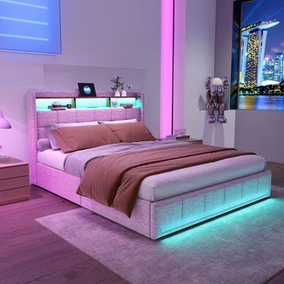 Immagine prodotto di Letto ProximaX, 160x200 cm, beige, con illuminazione a LED, connessioni USB e di tipo C - letto moderno imbottito con contenitore sulla testata e 4 cassetti