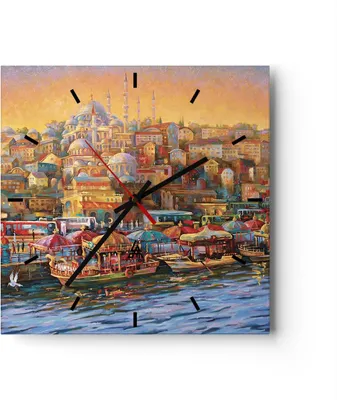 Produktbild von Wanduhr - Quadrat - Glasuhr - Farben Stadt Türkei - 40x40cm - Schleichendes Uhrwerk - Lautlos - zum Aufhängen bereit - Dekoration Modern - Wanddekoration aus Glas - C3AC40x40-4987