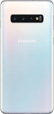 The back of a white Samsung Galaxy S10 smartphone.