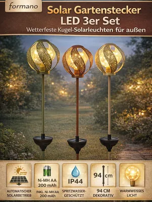 Produktbild von formano LED Gartenstecker Solar 3er Set Solarleuchten Kugel Metall 94x13x13 cm