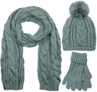 Produktbild von styleBREAKER Schal, Mütze und Handschuh Set, Zopfmuster Strickschal mit Bommelmütze und Handschuhe, Damen 01018208