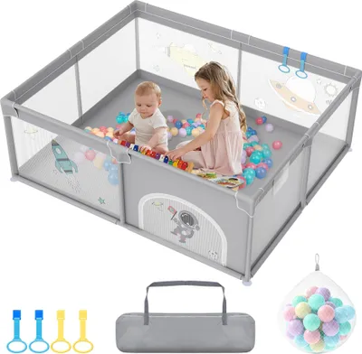 Produktbild von JOIEYOU Laufstall Baby Laufgitter Baby 150x180cm Baby Playpen mit 50 Spielbällen, 1 Krabbelgitter und 4 Zugringen Kinder Tragbarer Laufstall Kleines Laufstall, Grauer Raumfahrer