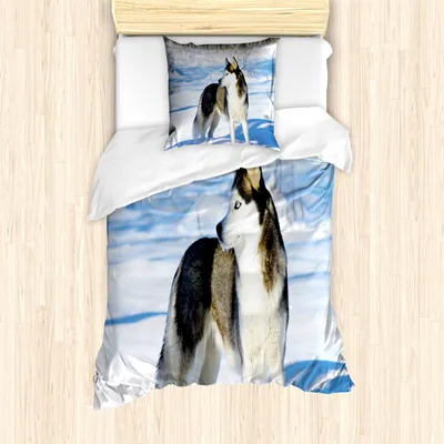 Produktbild von ABAKUHAUS Alaskan Malamute Mantele, Husky auf Schnee, Milbensicher Allergiker geeignet mit Kissenbezügen, 135 cm x 200 cm - 80 x 80 cm, Schwarz Weiß Blassblau
