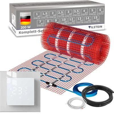 Produktbild von VILSTEIN Elektrische Fußbodenheizung 200W/m², für Fliesen Laminat und mehr, Komplett-Set, Twin Technologie Heizsystem, Fußboden Heizmatte, inkl. Thermostat weiß