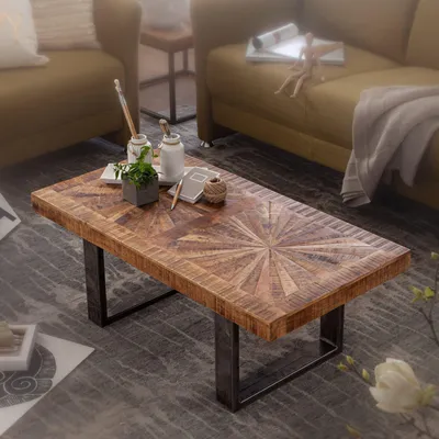 Produktbild von WOHNLING Moderner Couchtisch Mango Massivholz 105x40x55 cm Tisch im Industrial Design Sofatisch mit Holz und Metall Wohnzimmertisch Rustikal
