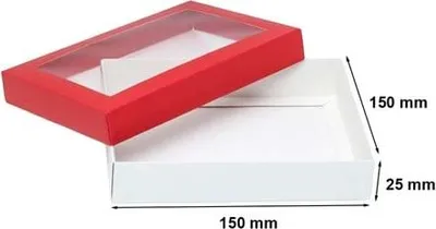 Image de Boîte cadeau décorative en carton, rouge, 150 x 150 x 25 mm, avec fenêtre