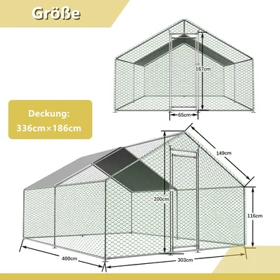 Produktbild von Hühnergehege Outdoor - Begehbarer Auslauf - 3x4x2 m - Sicherheitsverschluss - Wasserdichte PE-Abdeckung - Metallhaken - Für Hühner & Kleintiere