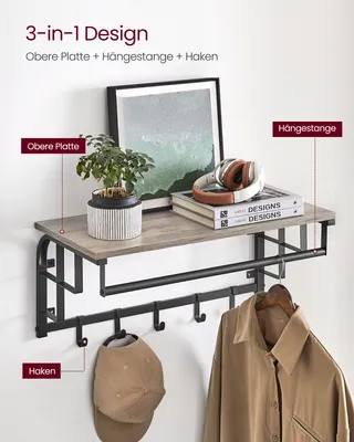 Produktbild von VASAGLE Wandregal mit 5 Haken, Kleiderständer, Länge 60 cm, Greige