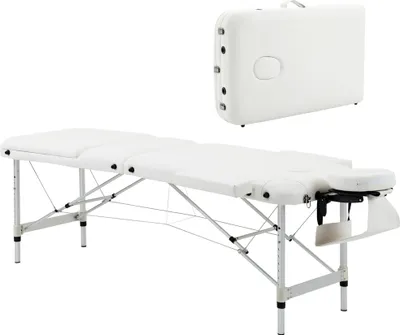 Obrázok produktu pre skladací masážny stôl, výškovo nastaviteľný s hlavovým vankúšom pre salóny a kúpele, plast a hliník, biely, 215 x 60 x 61-84 cm