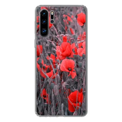 Produktbild von MuchoWow® Handyhülle Schutzhülle Hülle für Huawei P30 Pro Rote Mohnblumen in einem Schwarz-Weiß-Bild Silikon Softcase Handy Hülle - Schutzdeckel