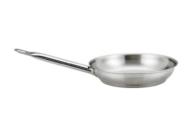 A stainless steel frying pan is shown against a white background.