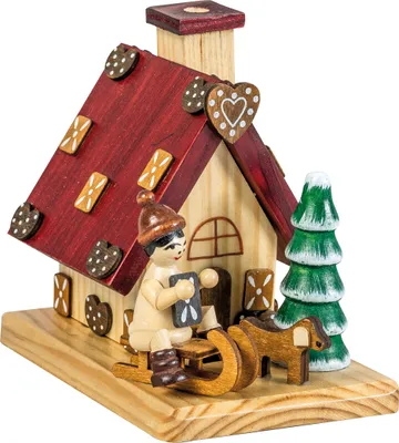 Produktbild von Räucherhaus mit Winterkind auf Schlitten, Massivholz LxBxH 12 x 8,2 x 12 cm NEU