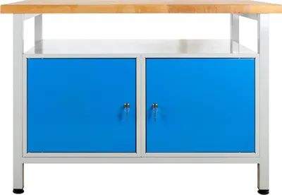 Produktbild von Werkbank Rhino mit Ablagefläche + 2 Türen | HxBxT 84x120x60cm | Traglast 300kg | Lichtgrau/Lichtblau
