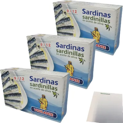 Produktbild von Vigilante "Kleine Sardinen in Olivenöl" Sardinas en aceite de oliva 3er Pack (3x120g Dose) + usy Block