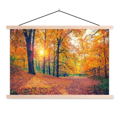 Produktbild von MuchoWow® Textilposter Bäume - Herbst - Wald - Herbstliche Blätter 120x80 cm mit holzfarbenen Rahmen - Aufhängeset
