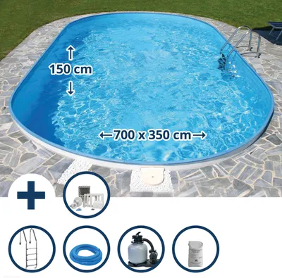 Produktbild von Stahlwandpool Set oval Florida 700x350x150 cm, Stahl 0,8 mm weiß, Folie 0,6 mm blau, Einhängebiese