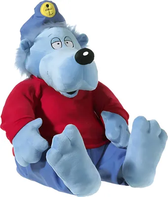 A plush toy of KÄPTN BLAUBÄR sitting down.