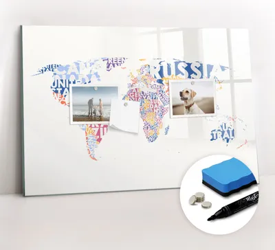 Produktbild von Magnetpinnwand Memoboard - Zubehörsatz - Schwarzer Marker + Schwamm + Magnete - 60 x 40 cm - Länder auf der Weltkarte