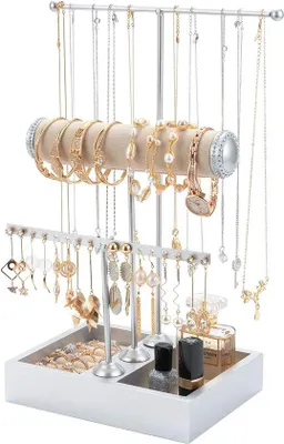 Produktbild von T-vormige Zieradenstandard, Schmuckhalter, Kettenhalter, 3 Stangen, Schmuckbaum, Kettenstandard, Uhrstandard, Halsreifhalter, Schmuckaufbewahrung für Ringe, Ohrringe, Armbänder, Uhren und Accessoires, Silber